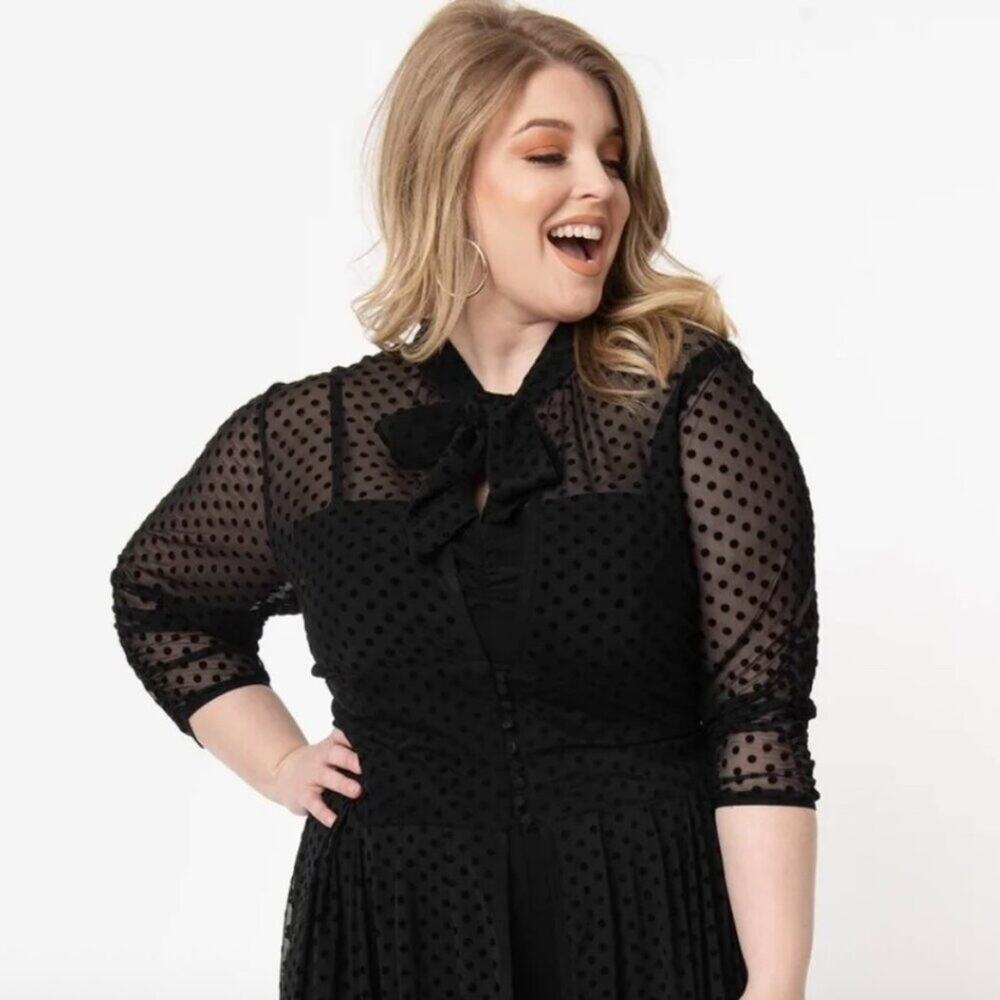 Sheer Dotted Longline Black Jacket Coat with Bow Neck - Picture 5 of 8